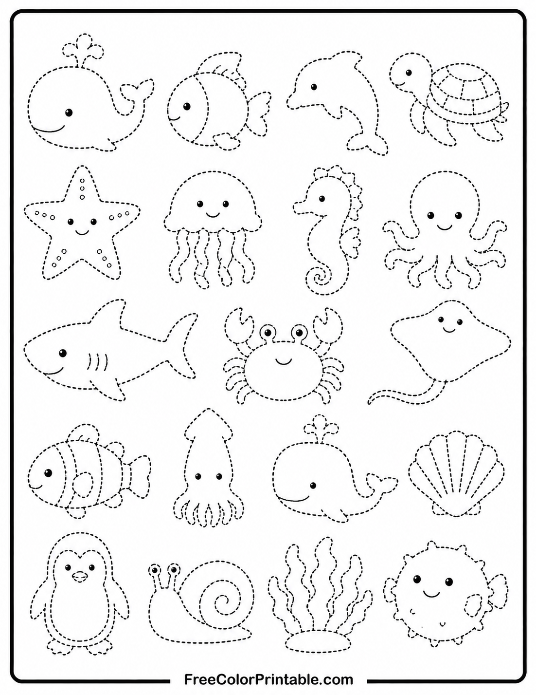 Cute Marine Creatures Coloring Sheet